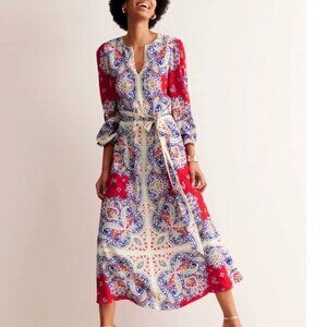 BODEN Occasion Blouson Maxi Dress Paisley Bandana Print Red Blue | Size 10 US